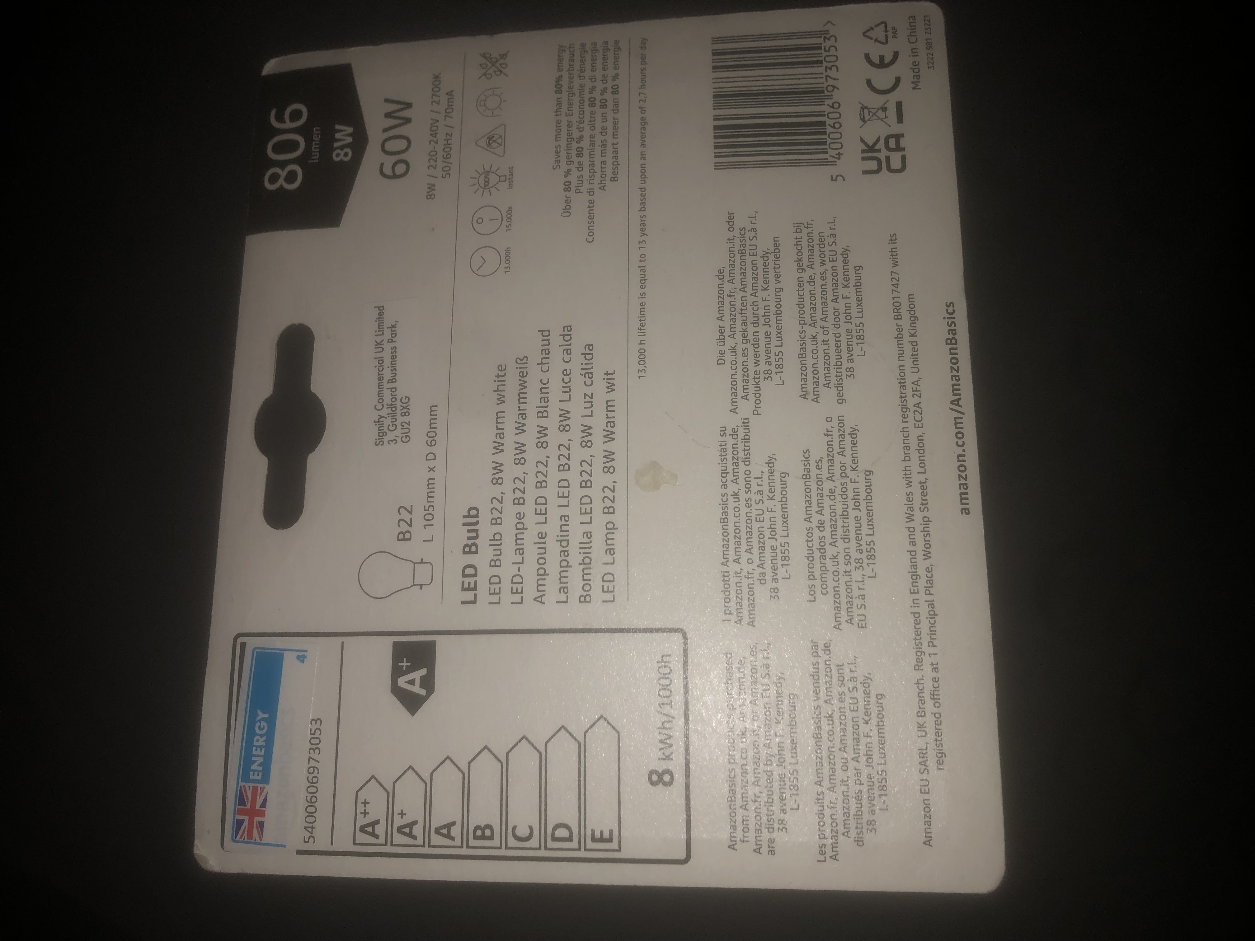 Back of package reads LED bulb B22, 8W Warm White