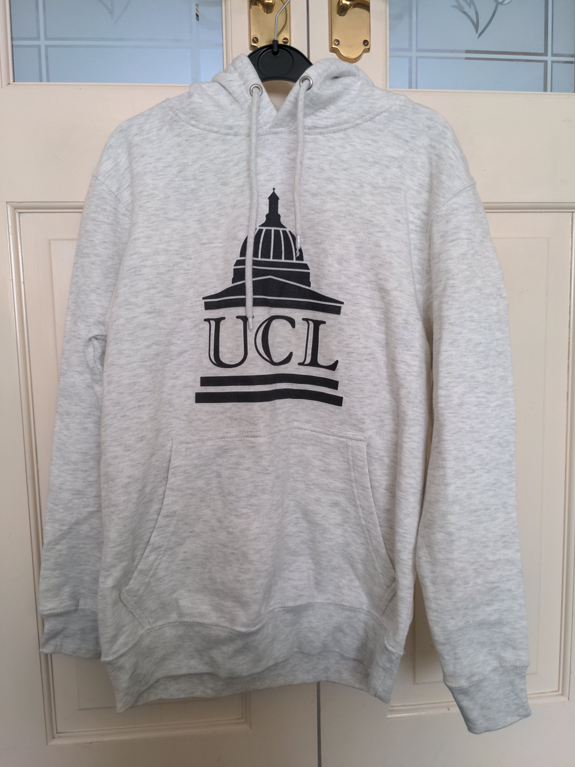Heather white hoodie emblazoned with a black illustration of UCL's portico and featuring the letters 'UCL' in the middle