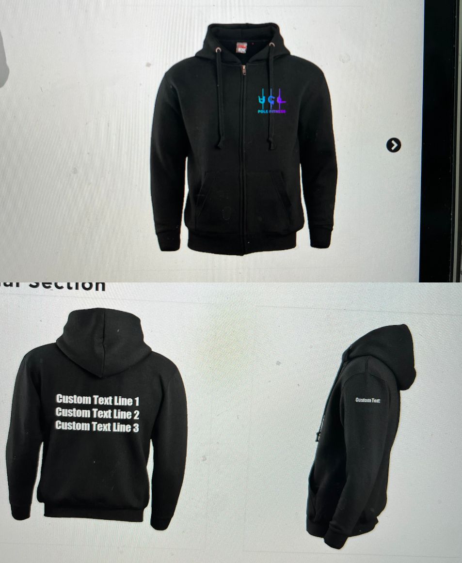 Black hoodie with custom text on the back and club logo on the front