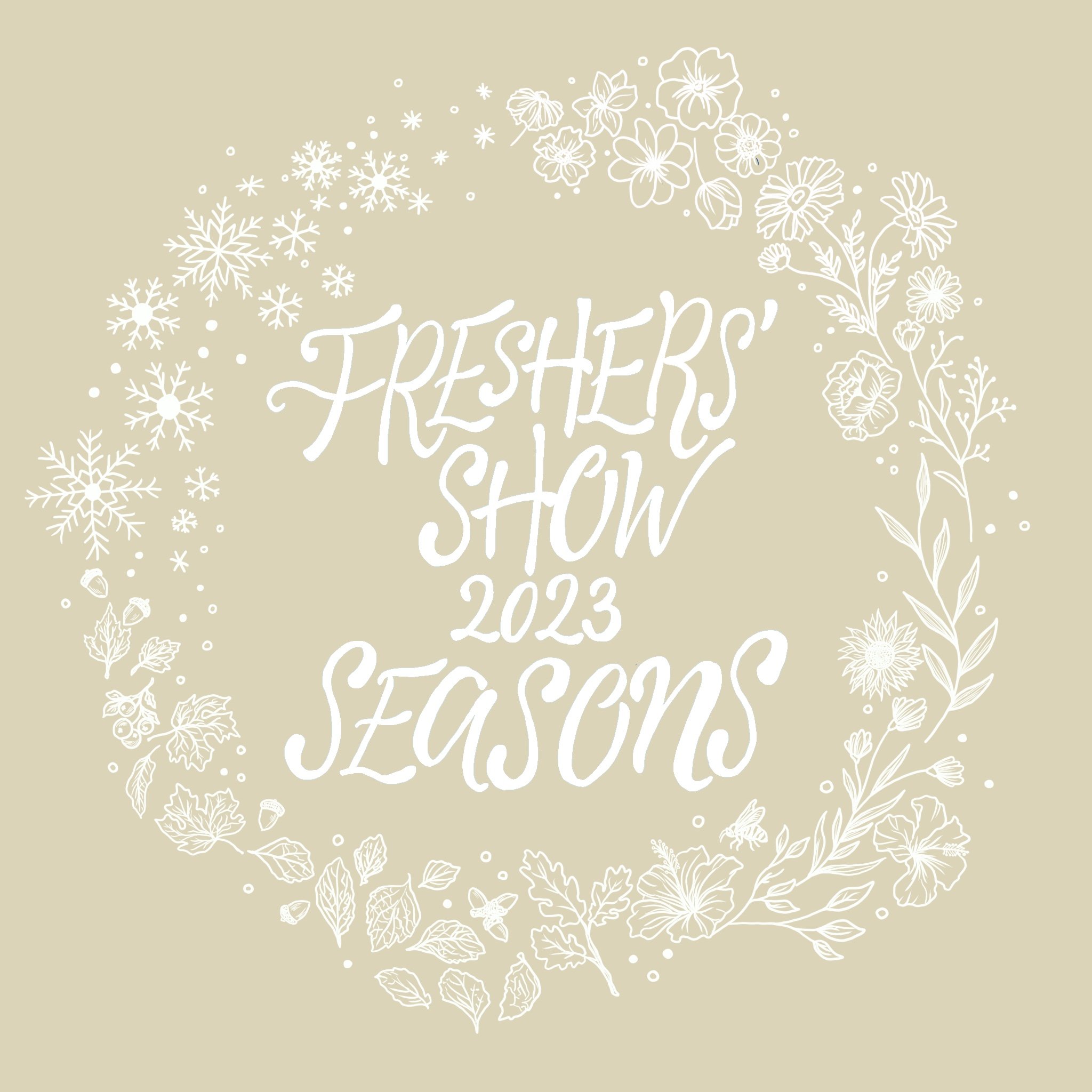 Beige logo that says "Fresher's show 2023 seasons"
