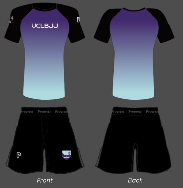 Black Shorts, UCLBJJ Rashguard with black sleeves including the TeamUCL logo