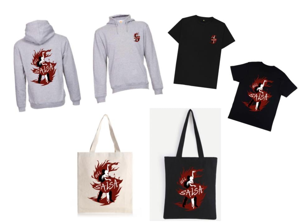 Grey hoodies, black t-shirts, white and black tote bags