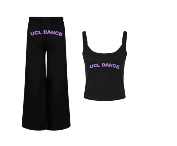 Black joggers and a black tank top with "UCL DANCE" in curved capital letters in an irridescent purple