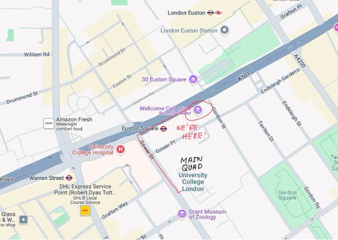 Directions from Main Quad to Wellcome Collection