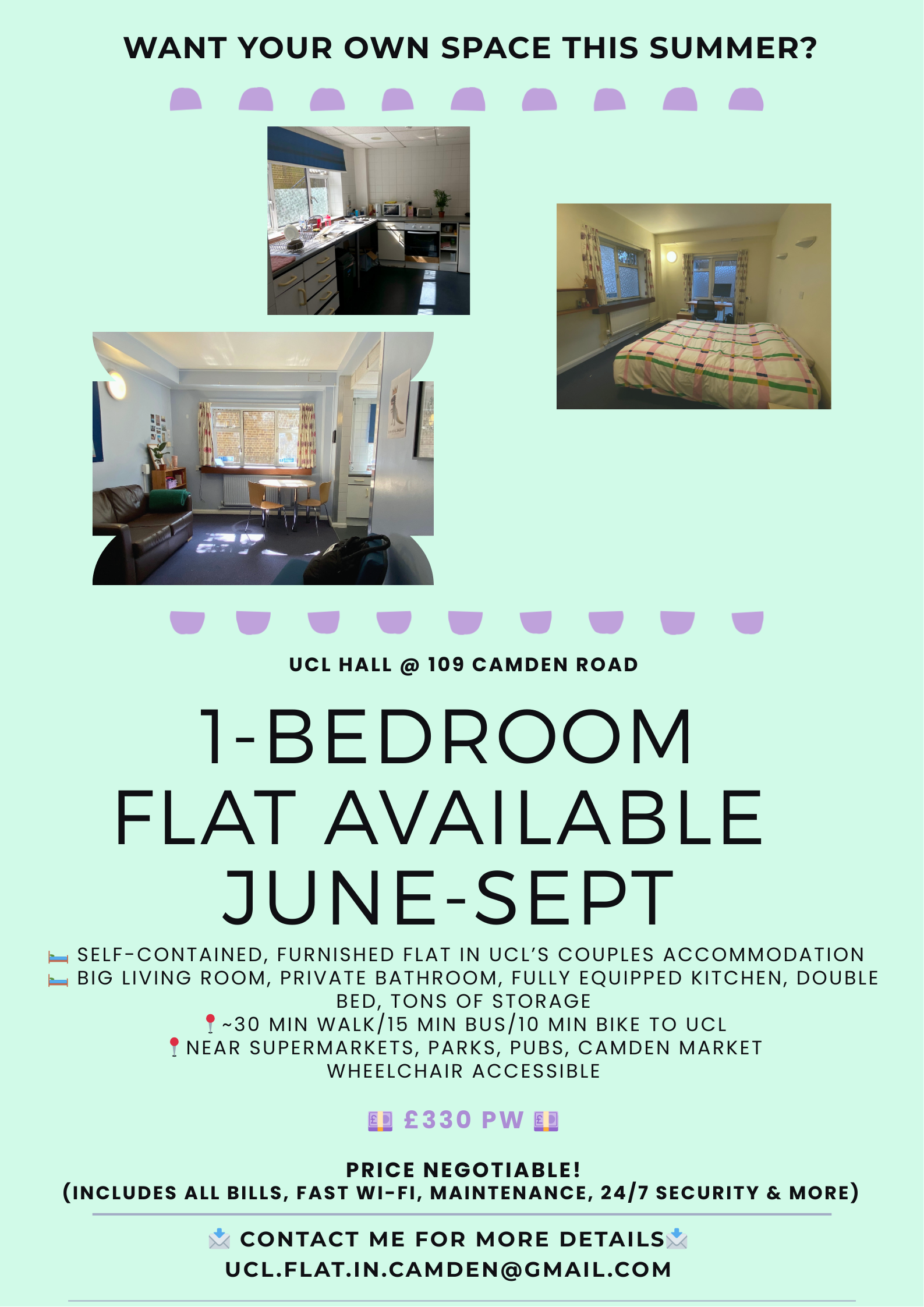 1-bedroom flat in Camden / UCL Postgrads / 30 min walk to Bloomsbury / Wheelchair accessible / Fully furnished and equipped