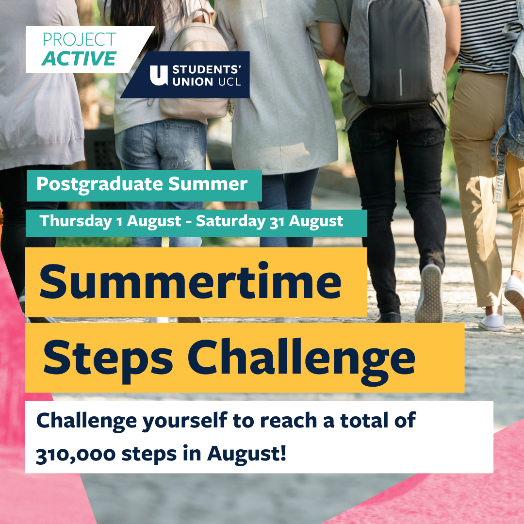 Infographic of Summertim Steps Challenge, stating Challenge yourself to reach a total of 310,000 steps in August!