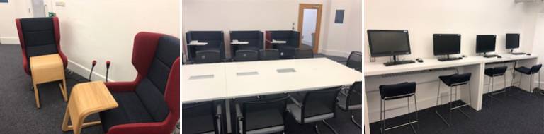 Pictures of the postgraduate hub behind the Print Room Cafe. There are some soft seats, but the room is without any natural light and desks are cramped
