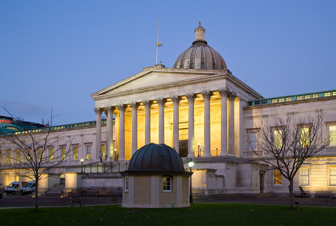 Portico lit up at night