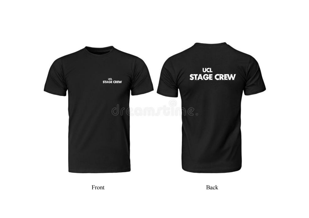 Black tshirt with white text saying 'UCL Stage Crew'