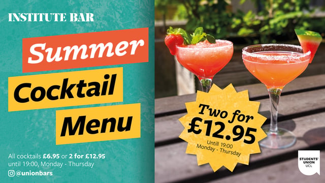 Summer cocktail menu deal. All cocktails £6.95 or 2 for £12.95 until 19:00 Monday-Thursday. All mocktails £3.50