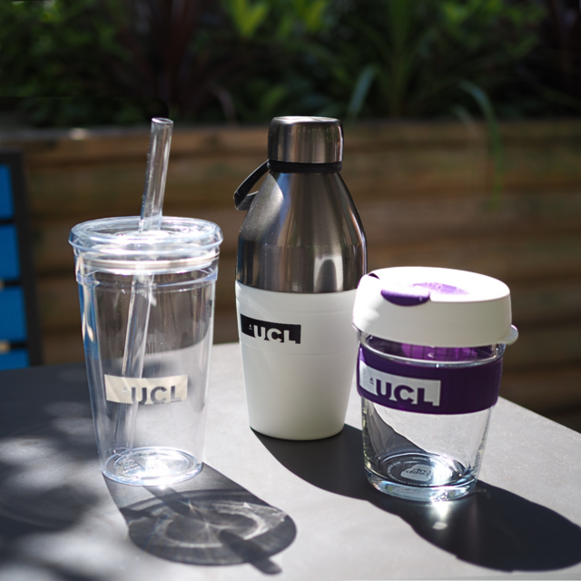 UCL branded bubble tea reusable tall cup, a hot/cold reusable bottle and traditional glass coffee reusable keep cup. 